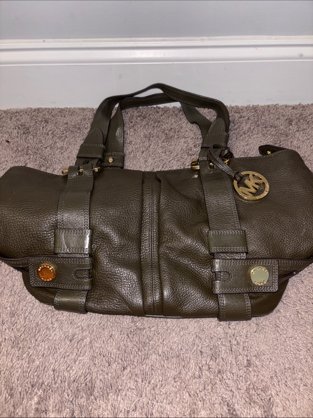 Michael Kors Olive Green Pebbled Leather Duffel With Gold Hardware